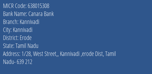 Canara Bank Kannivadi Branch Address Details and MICR Code 638015308