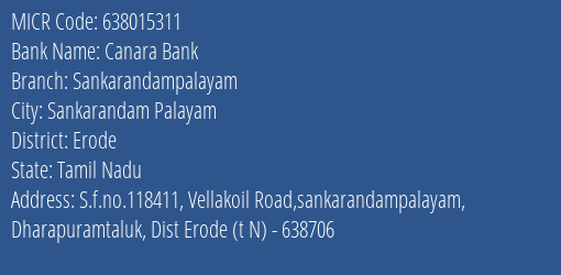 Canara Bank Sankarandampalayam Branch Address Details and MICR Code 638015311