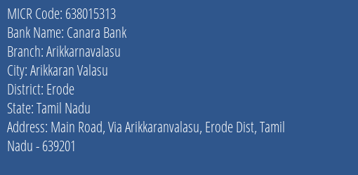 Canara Bank Arikkarnavalasu Branch Address Details and MICR Code 638015313