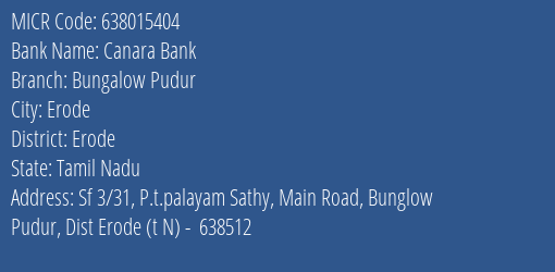 Canara Bank Bungalow Pudur Branch Address Details and MICR Code 638015404