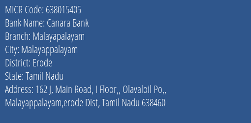 Canara Bank Malayapalayam Branch Address Details and MICR Code 638015405