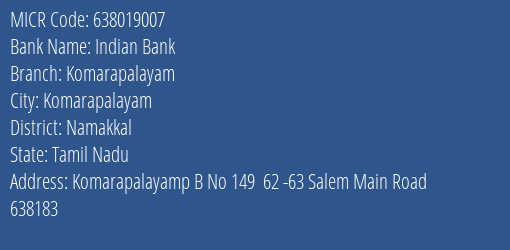 Indian Bank Komarapalayam MICR Code