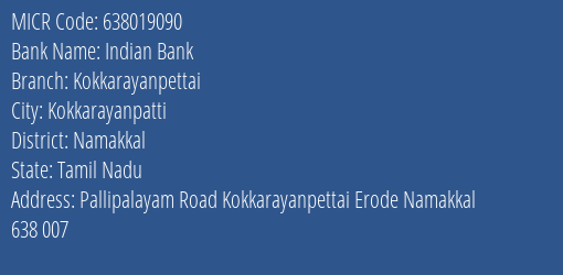 Indian Bank Kokkarayanpettai MICR Code