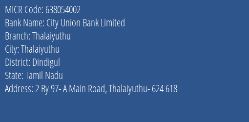 City Union Bank Limited Thalaiyuthu MICR Code
