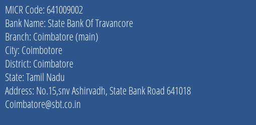 State Bank Of Travancore Coimbatore Main MICR Code