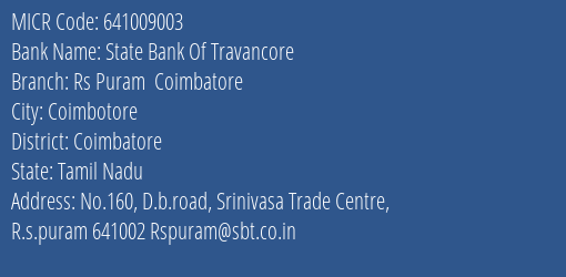 State Bank Of Travancore Rs Puram Coimbatore MICR Code
