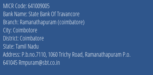 State Bank Of Travancore Ramanathapuram Coimbatore MICR Code
