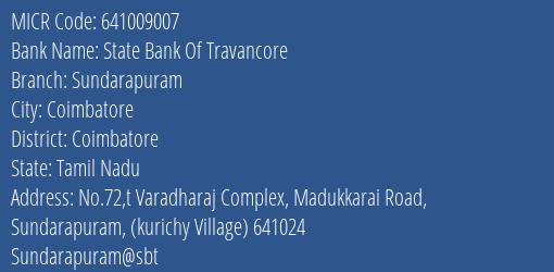 State Bank Of Travancore Sundarapuram MICR Code
