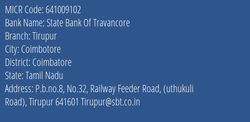 State Bank Of Travancore Tirupur MICR Code