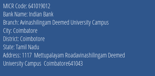 Indian Bank Avinashilingam Deemed University Campus MICR Code