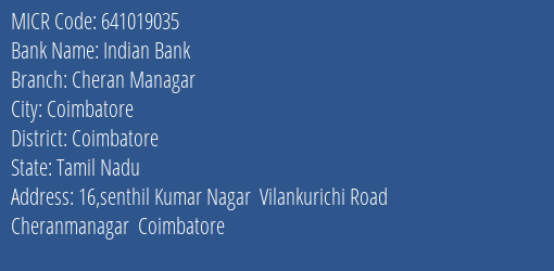 Indian Bank Cheran Managar MICR Code
