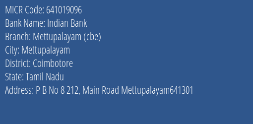 Indian Bank Mettupalayam Cbe MICR Code