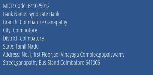 Syndicate Bank Coimbatore Ganapathy Branch Address Details and MICR Code 641025012