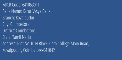 Karur Vysya Bank Coimbatore Ramanathapuram MICR Code