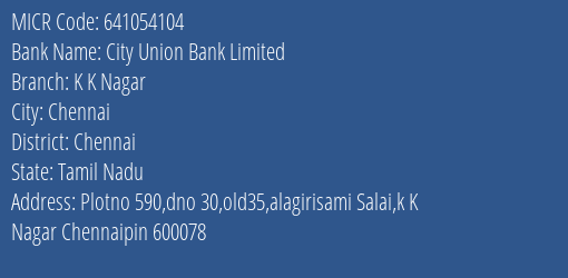 City Union Bank Limited K K Nagar MICR Code
