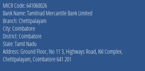 Tamilnad Mercantile Bank Limited Chettipalayam MICR Code