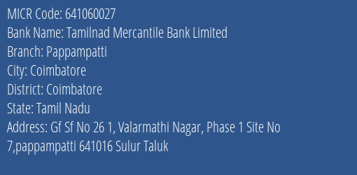 Tamilnad Mercantile Bank Limited Pappampatti MICR Code