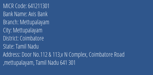 Axis Bank Mettupalayam MICR Code