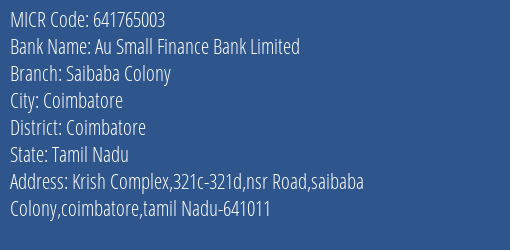 Au Small Finance Bank Limited Saibaba Colony MICR Code