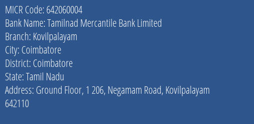 Tamilnad Mercantile Bank Limited Kovilpalayam MICR Code