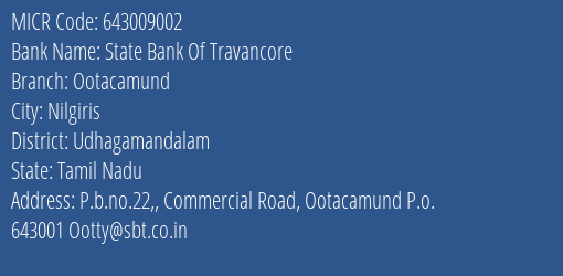 State Bank Of Travancore Ootacamund MICR Code