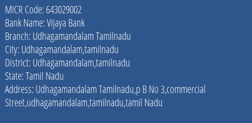 Vijaya Bank Udhagamandalam Tamilnadu Branch Address Details and MICR Code 643029002