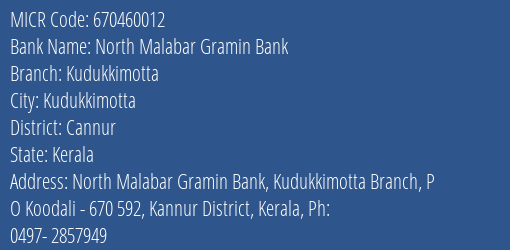 North Malabar Gramin Bank Kudukkimotta MICR Code