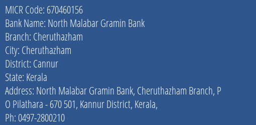 North Malabar Gramin Bank Cheruthazham MICR Code