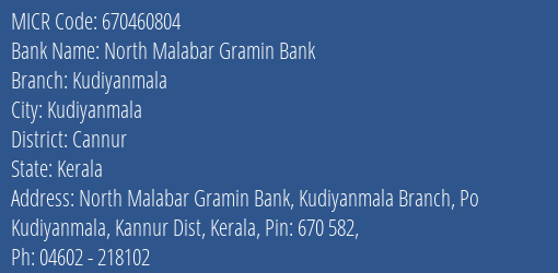 North Malabar Gramin Bank Kudiyanmala MICR Code