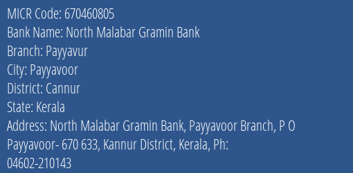 North Malabar Gramin Bank Payyavur MICR Code