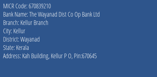 The Wayanad Dist Co Op Bank Ltd Kellur Branch MICR Code