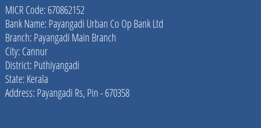 Payangadi Urban Co Op Bank Ltd Payangadi Main Branch MICR Code