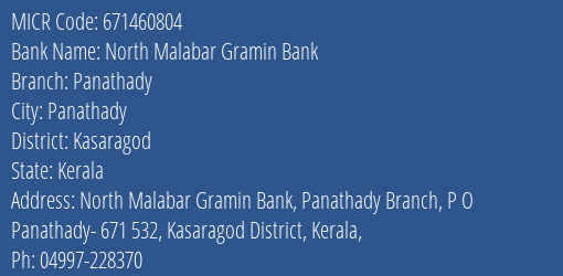 North Malabar Gramin Bank Panathady MICR Code