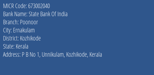 State Bank Of India Poonoor MICR Code