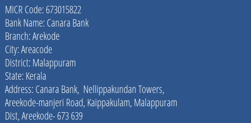 Canara Bank Arekode Branch Address Details and MICR Code 673015822