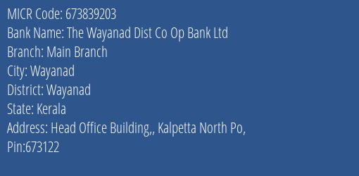The Wayanad Dist Co Op Bank Ltd Main Branch MICR Code