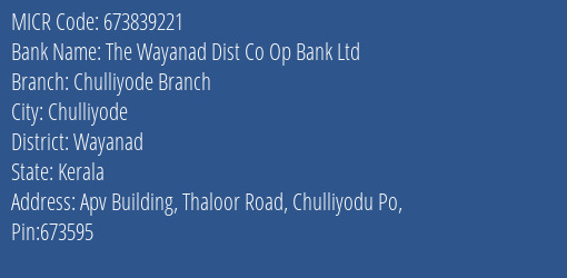 The Wayanad Dist Co Op Bank Ltd Chulliyode Branch MICR Code