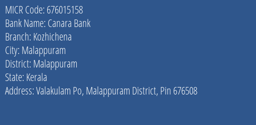 Canara Bank Kozhichena Branch Address Details and MICR Code 676015158