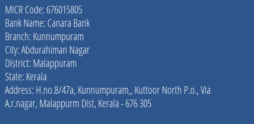 Canara Bank Kunnumpuram Branch Address Details and MICR Code 676015805