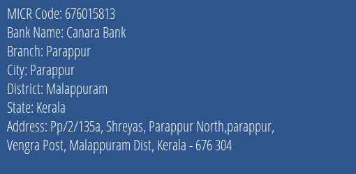 Canara Bank Parappur Branch Address Details and MICR Code 676015813