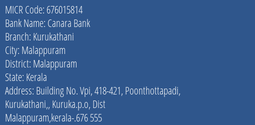Canara Bank Kurukathani Branch Address Details and MICR Code 676015814