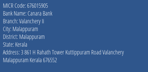 Canara Bank Valanchery Ii Branch Address Details and MICR Code 676015905