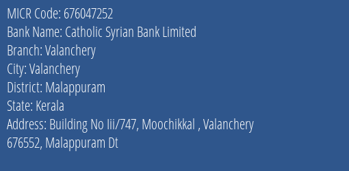 Catholic Syrian Bank Limited Valanchery MICR Code