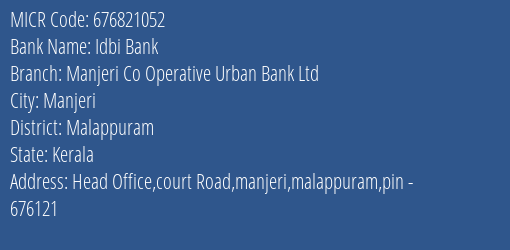 Manjeri Co Operative Urban Bank Ltd Manjeri MICR Code