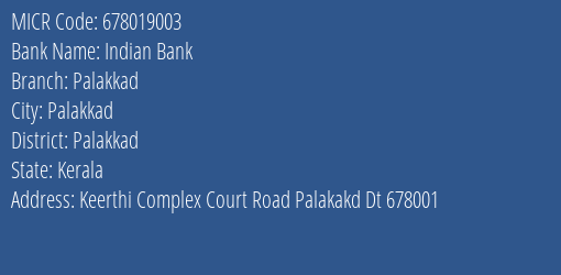 Indian Bank Palakkad MICR Code