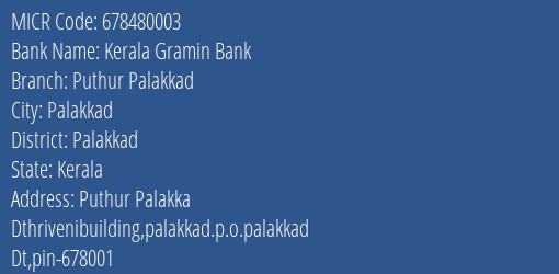 Kerala Gramin Bank Puthur Palakkad MICR Code