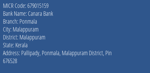 Canara Bank Ponmala Branch Address Details and MICR Code 679015159