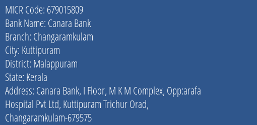 Canara Bank Changaramkulam Branch Address Details and MICR Code 679015809