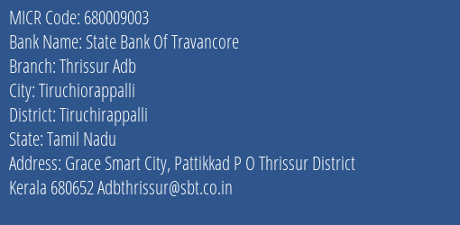 State Bank Of Travancore Thrissur Adb MICR Code