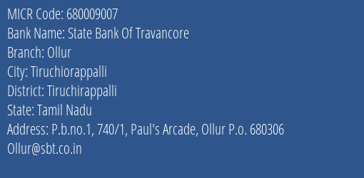State Bank Of Travancore Ollur MICR Code